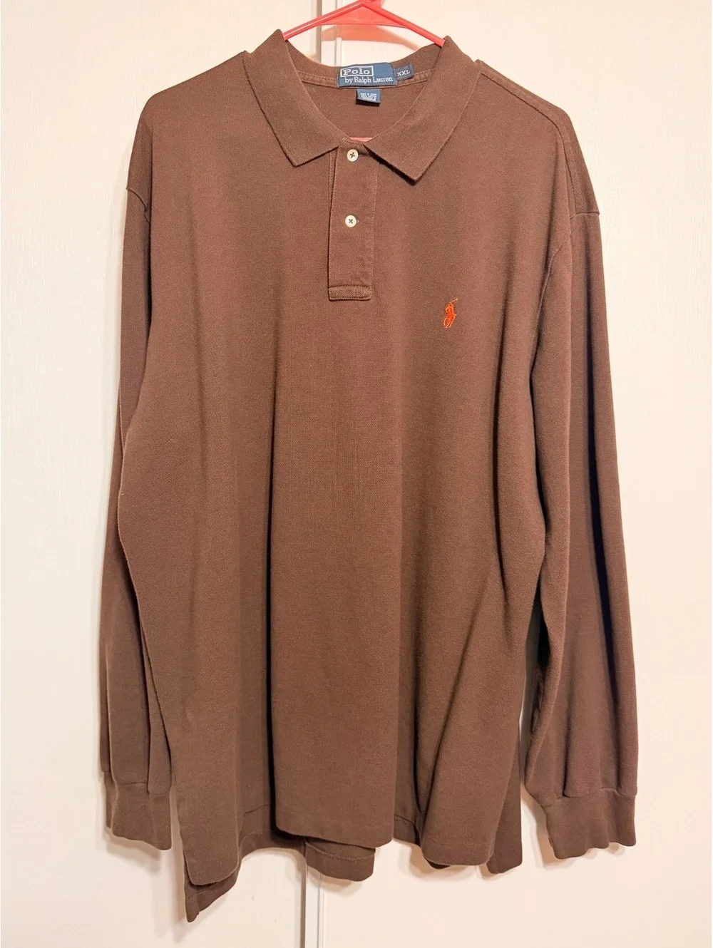 Polo Ralph Lauren Mens XXL Brown Long Sleeve Polo Shirt Orange Pony 100% Cotton